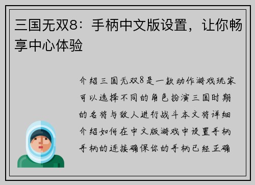 三国无双8：手柄中文版设置，让你畅享中心体验